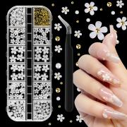 3D Flowers for Nails, Cuttte 3D Nail Flowers for Acrylic Nails, White Flower Nail Charms for Nail Art Nails Supply, Flat-back Flower Charms for Nails with 1 Tweezers and Caviar Beads, DIY Nails Accessories Nail Designs 